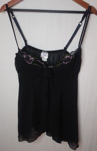 Intimate Attitudes 1X Lilac Embroidery on Black Negligee Sleep Top Plus